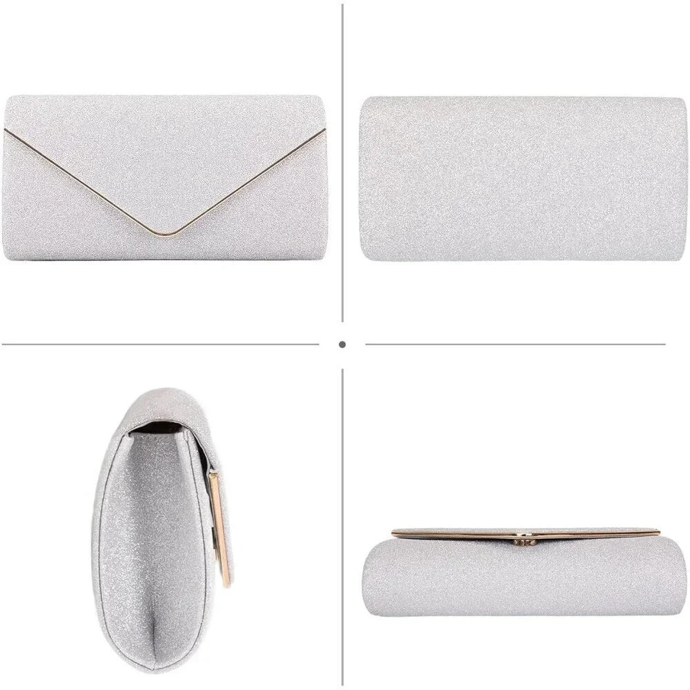 Women's Sparking Silver Envelope Bag With Detachable Chain Clutch Purses